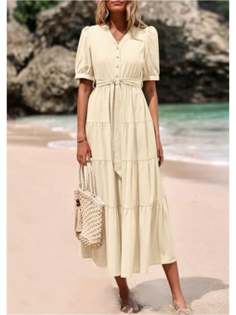 Flowy A-Line Midi Dress with Belt, Short Sleeve V-Neck Ruffle Beach Vacation - Picture 2 of 6